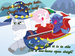 Size: 5635x4250 | Tagged: safe, artist:t-3000, character:princess celestia, character:princess luna, character:star swirl the bearded, absurd resolution, cewestia, christmas, clothing, cute, cutelestia, eyes closed, filly, frown, glare, grumpy, happy, hat, jingle bells, lunabetes, open mouth, pouting, running, santa hat, santa woona, sitting, sleigh, smiling, snow, snowfall, woona, younger