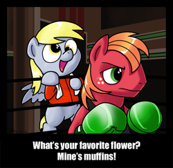 Size: 607x590 | Tagged: safe, artist:zicygomar, character:big mcintosh, character:derpy hooves, species:earth pony, species:pegasus, species:pony, boxing, boxing gloves, crossover, cute, derpabetes, dialogue, doc louis, duo, little mac (punch out), middle mac, nintendo, parody, punch out
