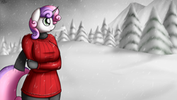 Size: 1920x1080 | Tagged: safe, artist:devs-iratvs, character:sweetie belle, species:anthro, breasts, busty sweetie belle, clothing, female, older, scarf, snow, snowfall, solo, sweater