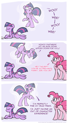 Size: 995x1792 | Tagged: safe, artist:subjectnumber2394, character:pinkie pie, character:twilight sparkle, character:twilight sparkle (alicorn), species:alicorn, species:pony, comic, cute, derp, female, impressions, magic, mare, out of character, pun, smiling, underhoof, visual gag, wat, wide eyes