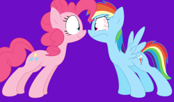 Size: 1996x1176 | Tagged: safe, artist:pupster0071, character:pinkie pie, character:rainbow dash, species:earth pony, species:pegasus, species:pony, duo, looking at each other, purple background, simple background, staring contest