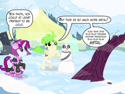 Size: 1280x960 | Tagged: safe, artist:violetclm, character:cherry crash, character:mystery mint, species:pony, g4, my little pony:equestria girls, background human, carrot, cherry crash, clothing, dialogue, earmuffs, equestria girls ponified, kiss (band), ponified, scarf, shimmer six, snow, snowman, speech bubble