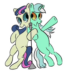 Size: 740x785 | Tagged: safe, artist:plasters-ponies, artist:rubrony, character:bon bon, character:lyra heartstrings, character:sweetie drops, species:pony, ship:lyrabon, bipedal, colored, duet, female, lesbian, microphone, shipping, singing