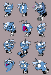 Size: 1021x1491 | Tagged: safe, artist:zicygomar, character:pokey pierce, 8^y, :t, blushing, clothing, confused, cravat, derp, expressions, faec, floppy ears, frown, grin, male, open mouth, raised eyebrow, shrug, smiling, solo, surprised, sweat, tsundere, wat, wide eyes