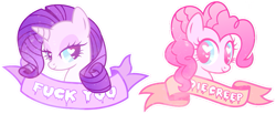 Size: 1015x417 | Tagged: safe, artist:disfiguredstick, character:pinkie pie, character:rarity, banner, bedroom eyes, bust, dissonant caption, heart, heart eyes, looking at you, mouthpiece, old banner, simple background, smiling, subversive kawaii, text, transparent background, vulgar