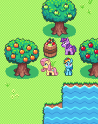 Size: 305x386 | Tagged: safe, artist:ponett, character:fluttershy, character:rainbow dash, character:twilight sparkle, apple, buckets, lake, orange, super lesbian horse rpg, sweet apple acres