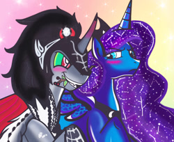 Size: 652x533 | Tagged: safe, artist:aurora-chiaro, character:king sombra, character:princess luna, ship:lumbra, blushing, holly, holly mistaken for mistletoe, shipping
