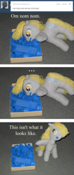 Size: 792x1872 | Tagged: safe, artist:eratosofcyrene, character:derpy hooves, species:pegasus, species:pony, ask, askplushderpy, blatant lies, female, irl, lego, mare, meme, not what it looks like, photo, plush derpy, plushie