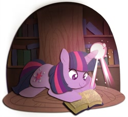 Size: 597x544 | Tagged: safe, artist:tsurime, character:twilight sparkle, character:twilight sparkle (unicorn), species:pony, species:unicorn, book, bookshelf, female, golden oaks library, magic, mare, prone, reading, smiling, solo