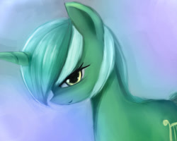 Size: 1000x800 | Tagged: safe, artist:fajeh, character:lyra heartstrings, species:pony, species:unicorn, bedroom eyes, female, lidded eyes, looking at you, simple background, smiling, solo