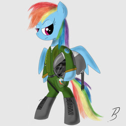 Size: 1000x1000 | Tagged: safe, artist:pandramodo, character:rainbow dash, species:pegasus, species:pony, bipedal, boots, clothing, female, helmet, mare, shoes, signature, simple background, solo, uniform, white background