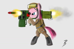 Size: 1500x1000 | Tagged: safe, artist:pandramodo, character:pinkamena diane pie, character:pinkie pie, species:pony, bipedal, female, m202 flash, missile, rocket launcher, solo