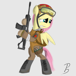 Size: 1000x1000 | Tagged: safe, artist:pandramodo, character:fluttershy, species:pony, acr, bipedal, crying, female, gun, rifle, solo