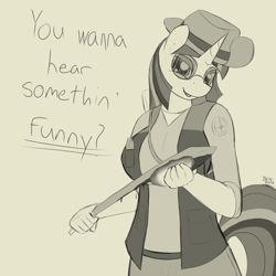 Size: 1000x1000 | Tagged: safe, artist:devs-iratvs, character:twilight sparkle, species:anthro, blood, breasts, christian brutal sniper, dialogue, female, glasses, grayscale, monochrome, sniper, solo, team fortress 2, weapon