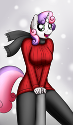Size: 1767x3000 | Tagged: safe, artist:devs-iratvs, character:sweetie belle, species:anthro, breasts, busty sweetie belle, clothing, female, older, scarf, solo, sweater