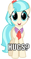 Size: 2600x4900 | Tagged: safe, artist:violetclm, character:coco pommel, episode:rarity takes manehattan, g4, my little pony: friendship is magic, absurd resolution, bronybait, caption, cocobetes, cute, female, hug, hug request, impact font, looking at you, simple background, solo, vector, white background