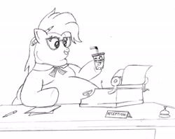 Size: 2324x1847 | Tagged: safe, artist:fatponysketches, character:grace manewitz, bell, best pony of season 4, big macdonalds, black and white, desk, escii keyboard, fat, female, grayscale, monochrome, necktie, obese, overweight, receptionist, sitting, solo, typewriter