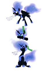 Size: 1143x1920 | Tagged: dead source, safe, artist:nohooves, character:nightmare moon, character:princess luna, oc, oc:anon, species:alicorn, species:human, species:pony, :t, angry, bedroom eyes, comic, cute, ear scratch, frown, glowing eyes, hand, helmet, horseshoes, moonabetes, nicemare moon, open mouth, petting, peytral, simple background, sitting, smiling, solo focus, spread wings, white background, wide eyes, wings, yelling