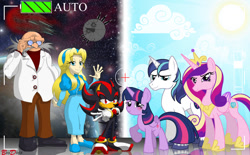 Size: 1133x704 | Tagged: safe, artist:brodogz, character:princess cadance, character:shining armor, character:twilight sparkle, character:twilight sparkle (alicorn), species:alicorn, species:pony, commission, crossover, female, gerald robotnik, haters gonna hate, mare, maria, shadow the hedgehog, sonic the hedgehog (series)