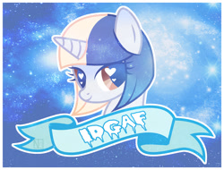 Size: 863x655 | Tagged: source needed, useless source url, safe, artist:disfiguredstick, oc, oc only, species:pony, species:unicorn, banner, galaxy, heart eyes, idgaf, looking at you, smiling, solo, stars, subversive kawaii, wingding eyes