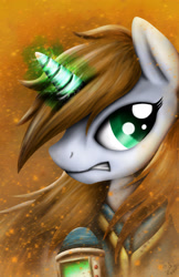 Size: 3300x5100 | Tagged: safe, artist:spiritofthwwolf, oc, oc only, oc:littlepip, species:pony, species:unicorn, fallout equestria, abstract background, badass, clothing, fanfic, fanfic art, female, glowing horn, gritted teeth, horn, magic, mare, pipbuck, solo, teeth, vault suit