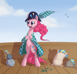 Size: 810x780 | Tagged: safe, artist:alipes, character:pinkie pie, species:bird, species:earth pony, species:pony, g4, ask pinkie pierate, bicorne, bipedal, clothing, featureless crotch, female, hat, hilarious in hindsight, madame leflour, mare, pirate, rocky, sir lintsalot, smiling