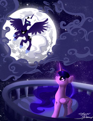 Size: 1194x1546 | Tagged: safe, artist:jokerpony, character:princess luna, character:twilight sparkle, character:twilight sparkle (alicorn), species:alicorn, species:pony, fanfic:sharing the night, alternate hairstyle, balcony, cloud, ethereal mane, eye contact, fanfic, fanfic art, female, frown, glare, looking at each other, looking up, mare, moon, night, stars