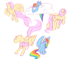 Size: 1093x908 | Tagged: safe, artist:noel, character:fluttershy, character:rainbow dash, cloud, flying, role reversal, shy, sketch dump