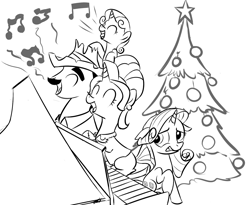 Size: 1314x1080 | Tagged: safe, artist:rubrony, character:cookie crumbles, character:hondo flanks, character:rarity, character:sweetie belle, ship:cookieflanks, christmas, parent, piano, shipping, singing, tree