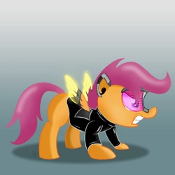 Size: 1000x1000 | Tagged: safe, artist:subjectnumber2394, character:scootaloo, species:pegasus, species:pony, clothing, female, future, gradient background, jacket, solo