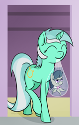Size: 578x908 | Tagged: safe, artist:subjectnumber2394, character:lyra heartstrings, character:octavia melody, duo, eyes closed, monster pony, mouth hold, octavia is not amused, octaviapus, octopony, original species, pet, species swap, unamused
