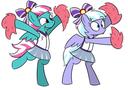 Size: 1700x1200 | Tagged: safe, artist:pandramodo, character:lilac sky, character:spring step, character:sunlight spring, episode:rainbow falls, g4, my little pony: friendship is magic, cheerleader, clothing, pom pom, skirt
