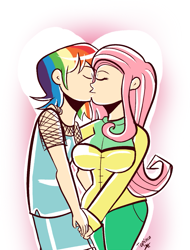 Size: 759x1000 | Tagged: safe, artist:php52, character:fluttershy, character:rainbow dash, species:human, ship:flutterdash, breasts, busty fluttershy, female, humanized, kissing, lesbian, light skin, shipping