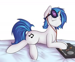 Size: 1280x1062 | Tagged: safe, artist:venauva, character:dj pon-3, character:vinyl scratch, bed, earbuds, female, glasses, prone, smiling, solo, turntable