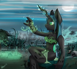 Size: 1280x1156 | Tagged: safe, artist:venauva, character:queen chrysalis, species:anthro, species:changeling, species:unguligrade anthro, belly button, breasts, changeling queen, cleavage, female, fog, moon, night, solo