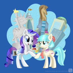 Size: 900x900 | Tagged: safe, artist:swanlullaby, character:coco pommel, character:rarity, species:earth pony, species:pony, species:unicorn, ship:marshmallow coco, crystaller building, duo, female, lesbian, manehattan, mare, rainbow thread, shipping, statue, statue of friendship, thread