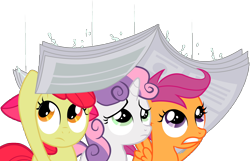 Size: 8322x5371 | Tagged: safe, artist:joemasterpencil, character:apple bloom, character:scootaloo, character:sweetie belle, species:pegasus, species:pony, absurd resolution, cutie mark crusaders, female, filly, newspaper, rain, simple background, transparent background, vector
