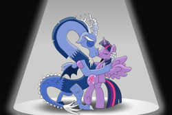 Size: 4500x3000 | Tagged: safe, artist:drako1997, character:discord, character:twilight sparkle, character:twilight sparkle (alicorn), species:alicorn, species:draconequus, species:pony, ship:discolight, episode:three's a crowd, g4, my little pony: friendship is magic, absurd resolution, blue flu, dancing, female, kissing, male, mare, pun, shipping, spotlight, straight, tango