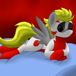 Size: 2600x2600 | Tagged: safe, artist:flashiest lightning, oc, oc only, species:pegasus, species:pony, bed, clothing, helmet, racing suit, solo, suit, visor