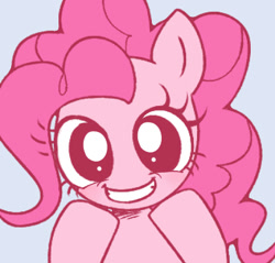 Size: 395x378 | Tagged: safe, artist:nmnkgskds, character:pinkie pie, species:pony, bust, cute, diapinkes, female, gray background, looking at you, mare, no nose, pixiv, portrait, simple background, solo