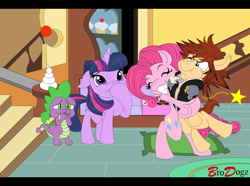 Size: 1200x893 | Tagged: safe, artist:brodogz, character:pinkie pie, character:spike, character:twilight sparkle, clothing, commission, crossover, fanfic art, female, hug, jacket, kingdom hearts, kingdom hearts of harmony, male, ponified, sora, sora gets all the mares, sorapie, straight