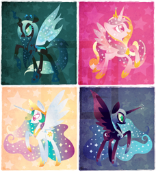 Size: 1442x1578 | Tagged: safe, artist:disfiguredstick, character:nightmare moon, character:princess cadance, character:princess celestia, character:princess luna, character:queen chrysalis, species:alicorn, species:changeling, species:pony, changeling queen, female