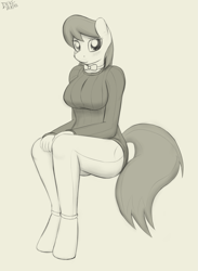 Size: 1737x2377 | Tagged: safe, artist:devs-iratvs, character:octavia melody, species:anthro, species:unguligrade anthro, breasts, busty octavia, clothing, female, hooves, monochrome, sitting, sketch, solo, sweater