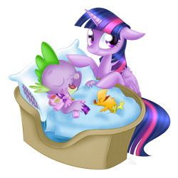 Size: 1000x1000 | Tagged: safe, artist:swanlullaby, character:peewee, character:spike, character:twilight sparkle, character:twilight sparkle (alicorn), species:alicorn, species:dragon, species:phoenix, species:pony, baby phoenix, basket, blanket, bubble, crib, cute, female, folded wings, hilarious in hindsight, horn, male, mama twilight, mare, peewee, peeweebetes, pillow, plushie, signature, sleeping, snot bubble, spikabetes, spikelove, twiabetes, wings