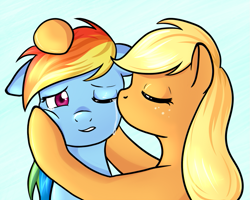 Size: 825x660 | Tagged: safe, artist:marikaefer, character:applejack, character:rainbow dash, species:earth pony, species:pegasus, species:pony, ship:appledash, g4, crying, female, kiss on the cheek, kissing, lesbian, mare, shipping, simple background, white background