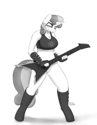 Size: 1963x2521 | Tagged: safe, artist:devs-iratvs, character:sweetie belle, species:anthro, species:unguligrade anthro, belly button, boots, breasts, bullet belt, busty sweetie belle, cleavage, clothing, female, guitar, metal, metal belle, monochrome, older, panties, solo, sports bra, underwear