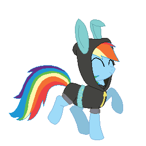 Size: 300x300 | Tagged: safe, artist:tomdantherock, character:rainbow dash, species:pegasus, species:pony, animated, bunny ears, clothing, costume, cute, dancing, dangerous mission outfit, dashabetes, eyes closed, female, happy, hoodie, mare, pixel art, raised hoof, simple background, smiling, solo, transparent background