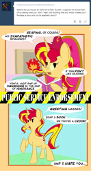 Size: 700x1319 | Tagged: safe, artist:miroslav46, character:sunset shimmer, species:pony, species:unicorn, ask, book, clothing, fez, fireplace, hat, pipe, public service announcement, sunset shimmer hates you, tumblr
