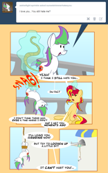 Size: 813x1304 | Tagged: safe, artist:miroslav46, character:sunset shimmer, oc, species:pony, ask, hogtied, rope, sunset shimmer hates you, suspended, tumblr