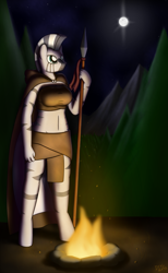 Size: 2000x3250 | Tagged: safe, artist:devs-iratvs, character:zecora, species:anthro, species:zebra, campfire, clothing, female, fire, forest, moon, mountain, night, robe, solo, spear